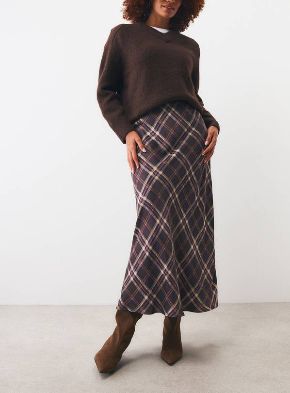 Dark Purple Blurred Check Satin Midaxi Slip Skirt 10